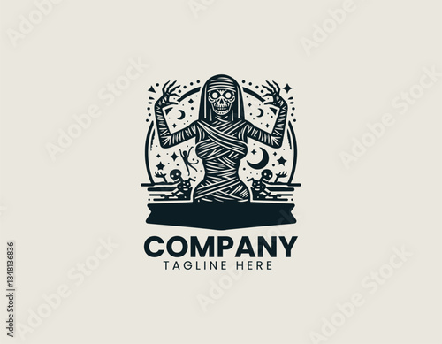 Mummy dance night theme is expressed as a festive spooky character in a bold black vector logo illustration