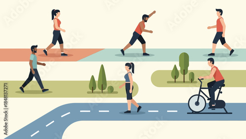 illustration of diverse individuals engaging in outdoor fitness activities and walking along