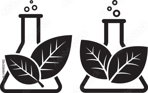 Natural chemistry and biotechnology concept icon with conical flask and leaves
