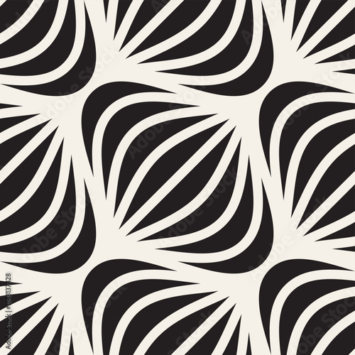 Vector seamless pattern. Modern stylish abstract texture. Abstract black and white pattern with curved, leaf-like shapes radiating from points. Creates a dynamic, flowing, and optical illusion effect.