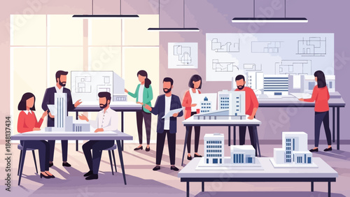 Innovative architectural design team collaborating on urban building projects in modern office