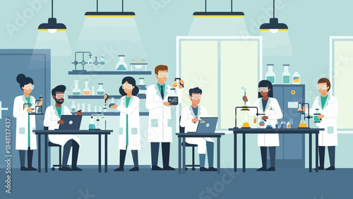 Innovative Laboratory Scene with Diverse Scientists Engaged in Research and Experiments in a