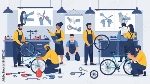 Innovative bicycle repair workshop with multiple mechanics and tools in a modern setting
