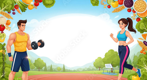Healthy lifestyle banner featuring fitness couple exercising surrounded by fresh nutritious food elements