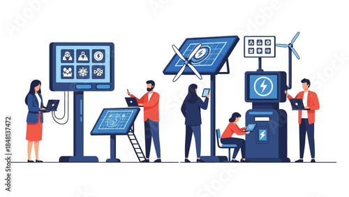 innovative renewable energy technology integration with diverse professionals managing solar and