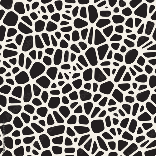 Vector seamless organic pattern. Abstract pattern with irregular black shapes resembling stones or pebbles on a white background, creating a textured, organic look.