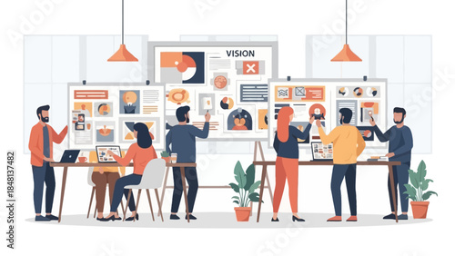 innovative collaborative team brainstorming session in modern office workspace with digital