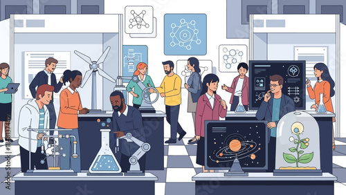 innovative research laboratory with diverse scientists exploring scientific discoveries and