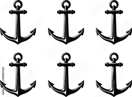 Anchor, silhouette, black and white, nautical, maritime, classic, fluke, shank, ring, symmetrical, stability, design, icon, outline, sea, ocean, boating, sailing, marine, pattern, illustration