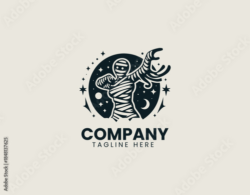 Mummy dance night theme is expressed as a festive spooky character in a bold black vector logo illustration