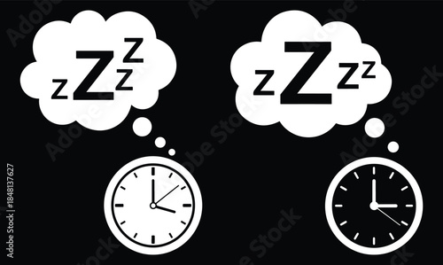 Two contrasting clocks with sleep symbols in thought bubbles representing time and rest