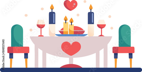 Romantic Dinner Table With Candles And Hearts