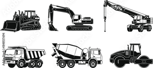Construction vehicle, silhouette, bulldozer, excavator, crane, dump truck, concrete mixer, road roller, black and white, 