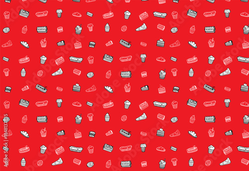 seamless Pastry icon background pattern or slices of various cakes and breads, with a red background. Suitable for packaging design, kitchen background, or food festival background