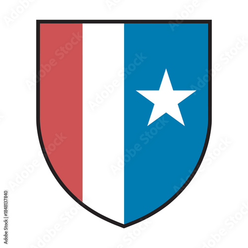 Shield emblem with red, white, and blue stripes and a white star