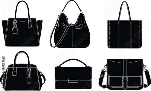 Handbag, silhouette, tote, satchel, hobo, messenger, purse, clasp, buckle, strap, handle, black and white, fashion, accessory, sketch, structured, compact, vintage, stylish, outline, design