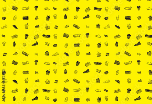 seamless Pastry icon background pattern or slices of various cakes and breads, with a yellow background. Suitable for packaging design, kitchen background, or food festival background