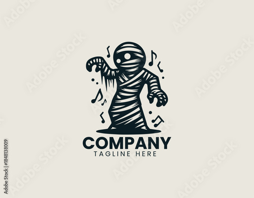Mummy dance night theme is expressed as a festive spooky character in a bold black vector logo illustration