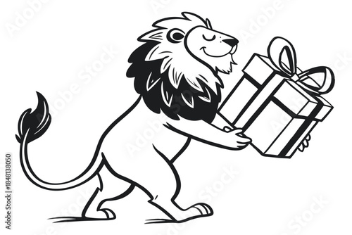 Walking lion carries a wrapped gift box with a happy look on its face