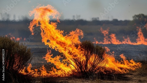 Wallpaper Mural Intense bushfire engulfing dry vegetation in natural landscape, with tall orange flames and smoke. Bushfire causes rapid environmental destruction, impacting ecosystems, air quality. Torontodigital.ca