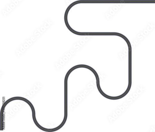 Top view road path graphic showing an irregular zigzag route formed by squared wave segments with a broken center line and solid shoulder line.