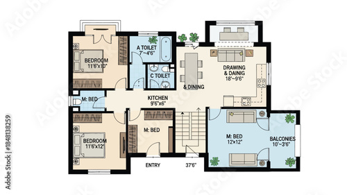 Detailed floor plan of a house showing room layouts and dimensions