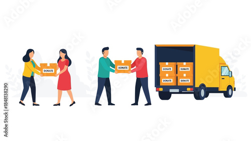 People collaboratively moving boxes to a delivery truck for transportation