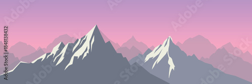 Minimalist Mountain Landscape Banner Design Snow Peaks Pink Purple Sky Abstract Vector.