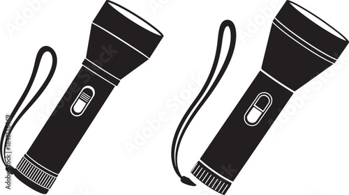 Black and white silhouette illustration of a handheld flashlight with wrist strap