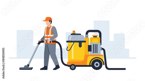 A worker using a yellow vacuum cleaner for public space cleaning