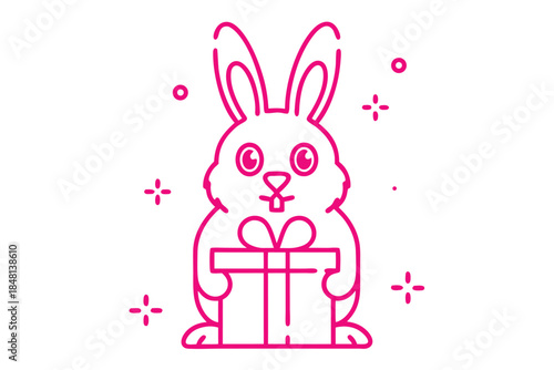 Pink outlined bunny holding gift box surrounded by stars has a transparent background