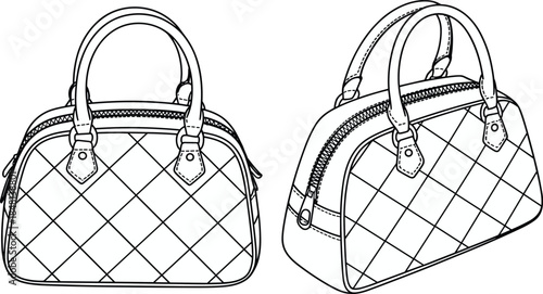 Quilted handbag sketch, diamond pattern, zipper closure, dual view, fashion accessory, product design, flat vector illustration