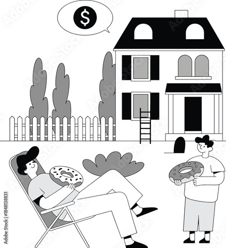 Relaxed home scene with donuts, reclining chair, speech bubble dollar sign, humorous lifestyle moment, flat vector illustration