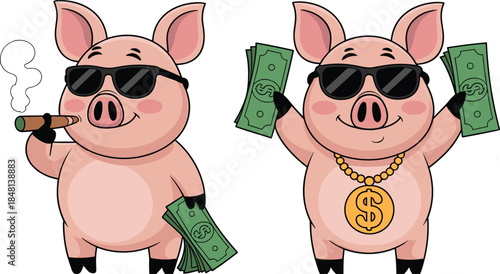Rich pig cartoon, money stack, dollar necklace, sunglasses style, humorous wealth, playful satire, flat vector illustration