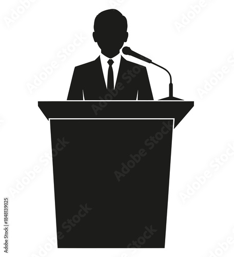 Silhouette of a businessman speaking at podium with microphone during formal presentation or conference, flat vector illustration design graphic artwork