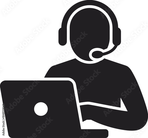 Person with headset using laptop, customer service icon, technical support concept, remote assistance symbol, flat vector illustration