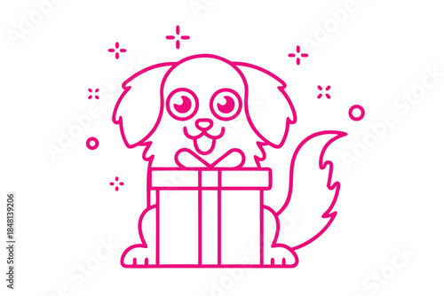 Pink line art shows a cute dog sitting behind a gift box on white