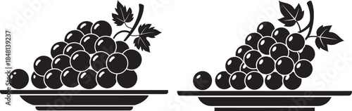 Black and white silhouette icons showing a fresh bunch of grapes served on a plate.
