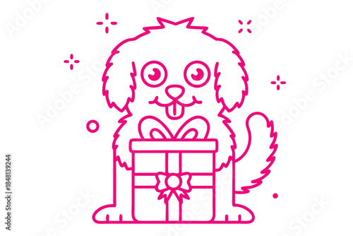 Happy cartoon dog with tongue out holds a gift box outlined in pink