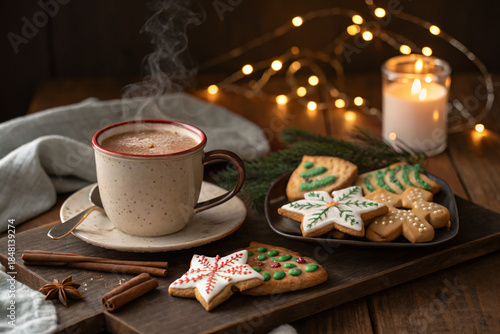 Cozy Christmas still life featuring a steaming cup of hot chocolate with festive gingerbread cookies, warm candlelight, and soft fairy lights creating a comforting winter holiday atmosphere.