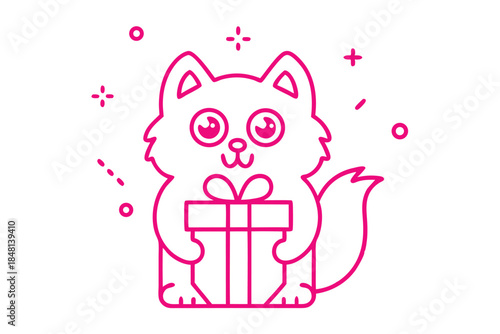Playful pink outline of a cartoon cat holding a gift box on a white background