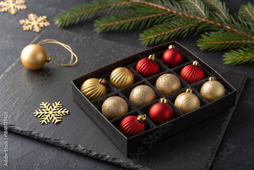 christmas balls and gift box