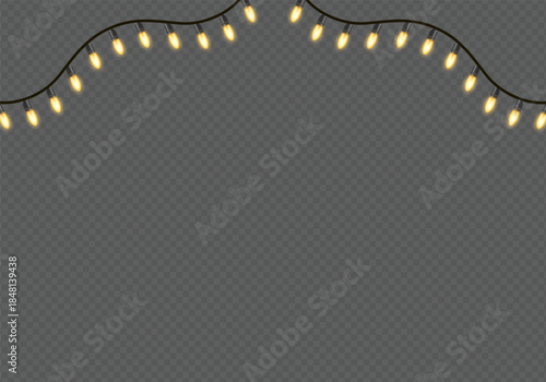 Realistic Warm Glowing String Lights Overlay, Colorful Christmas Fairy Light Garland with Red, Blue, Green, Yellow Illumination for Festive Party, Wedding, Holiday Decoration on Transparent 