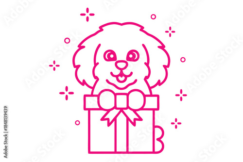 Pink outline sketch shows adorable puppy in gift box with star details; transparent