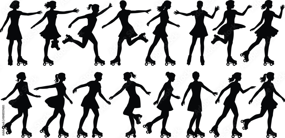 Fototapeta premium Silhouettes of roller skating woman in dynamic poses, motion variety, skating techniques, dress outfit, flat vector illustration