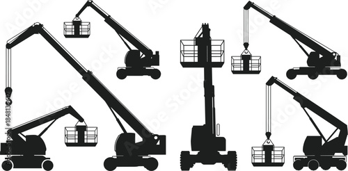 Silhouettes of mobile cranes with telescopic booms and lifting baskets, construction equipment diversity, industrial lifting concept, flat vector illustration
