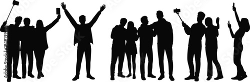 Silhouettes of people taking selfies and group photos with smartphones and selfie sticks, modern social behavior, flat vector illustration