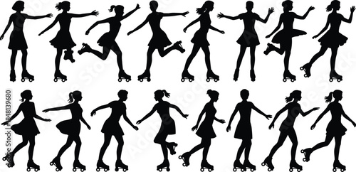 Silhouettes of roller skating woman in dynamic poses, motion variety, skating techniques, dress outfit, flat vector illustration