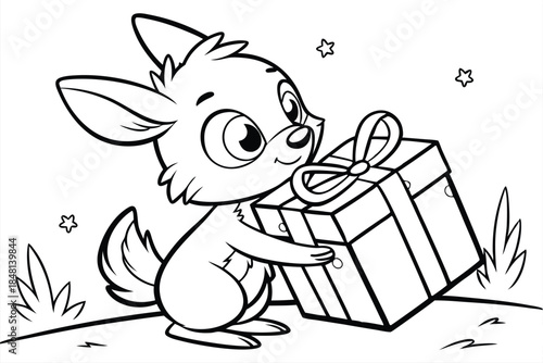 Smiling cartoon puppy hugs a large wrapped gift box with stars, outlined coloring page