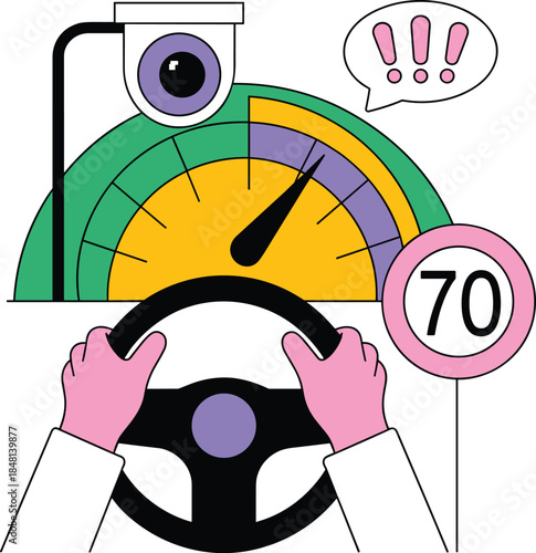 Speeding alert, traffic surveillance, speedometer warning, driving violation, road safety, speed limit enforcement, car dashboard, urgency, flat vector illustration